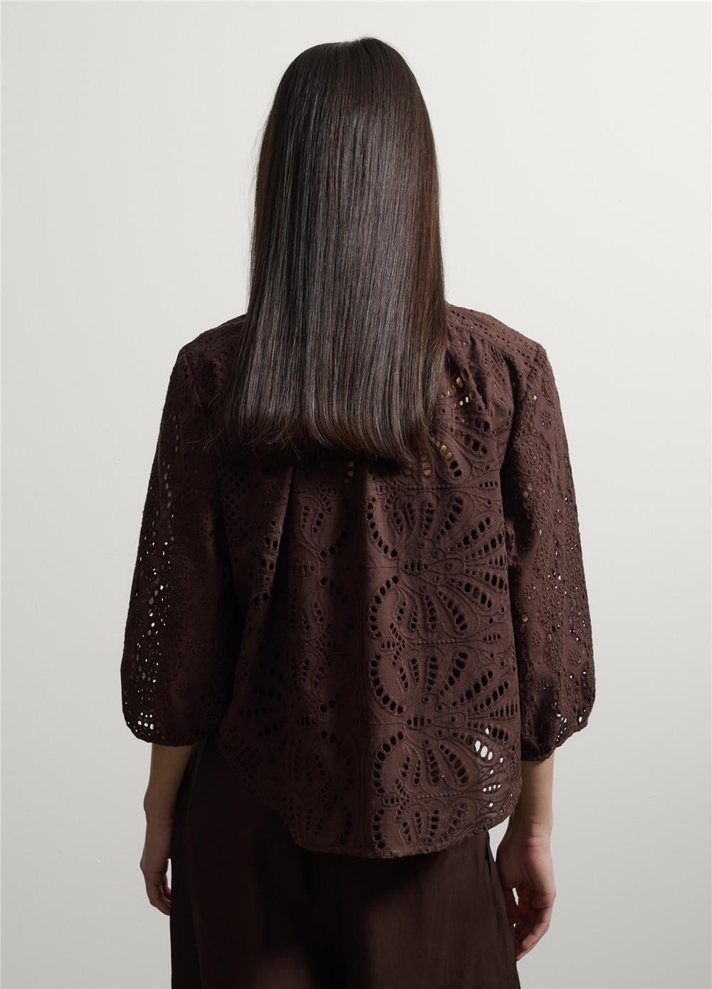 Kahverengi Pamuk Broderie Anglaise Bluz