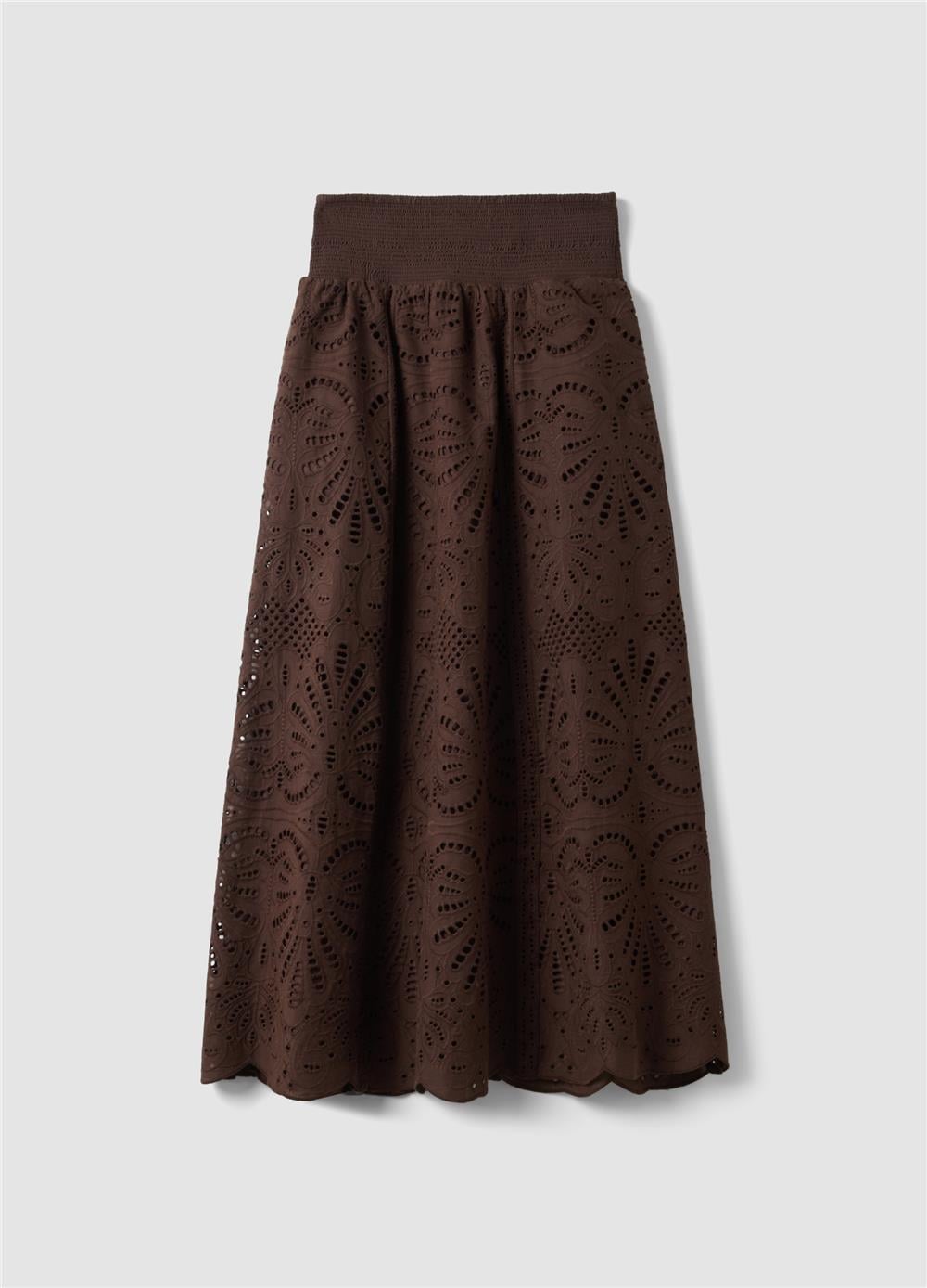 Kahverengi Pamuk Broderie Anglaise Uzun Etek