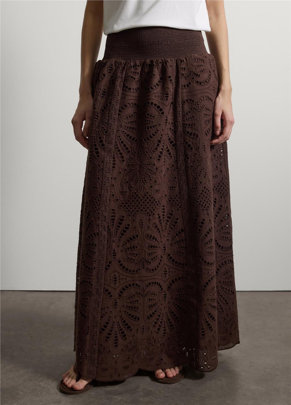 Kahverengi Pamuk Broderie Anglaise Uzun Etek