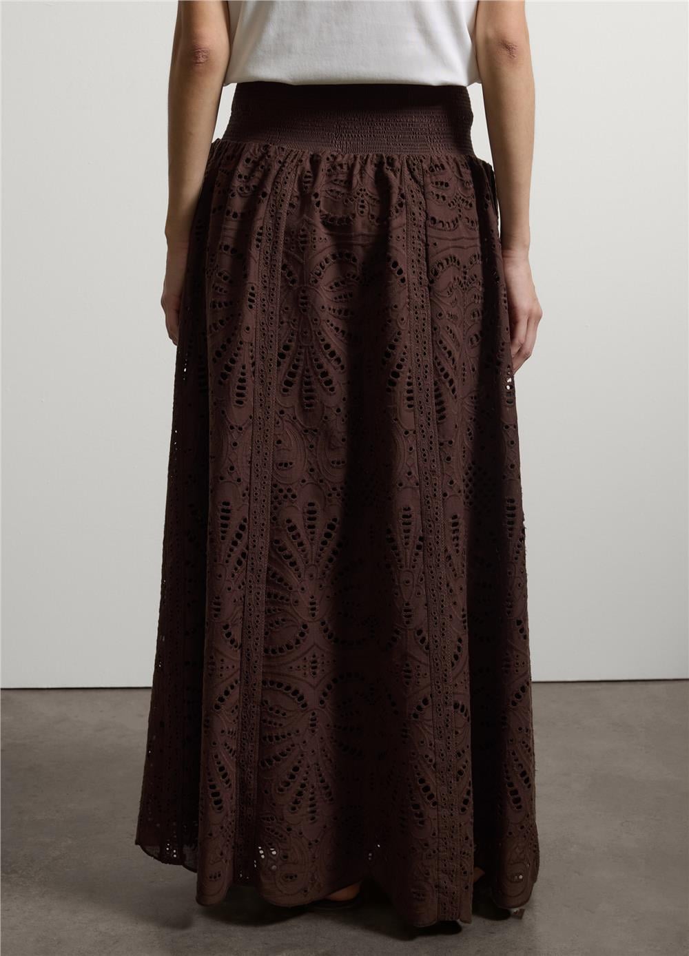 Kahverengi Pamuk Broderie Anglaise Uzun Etek