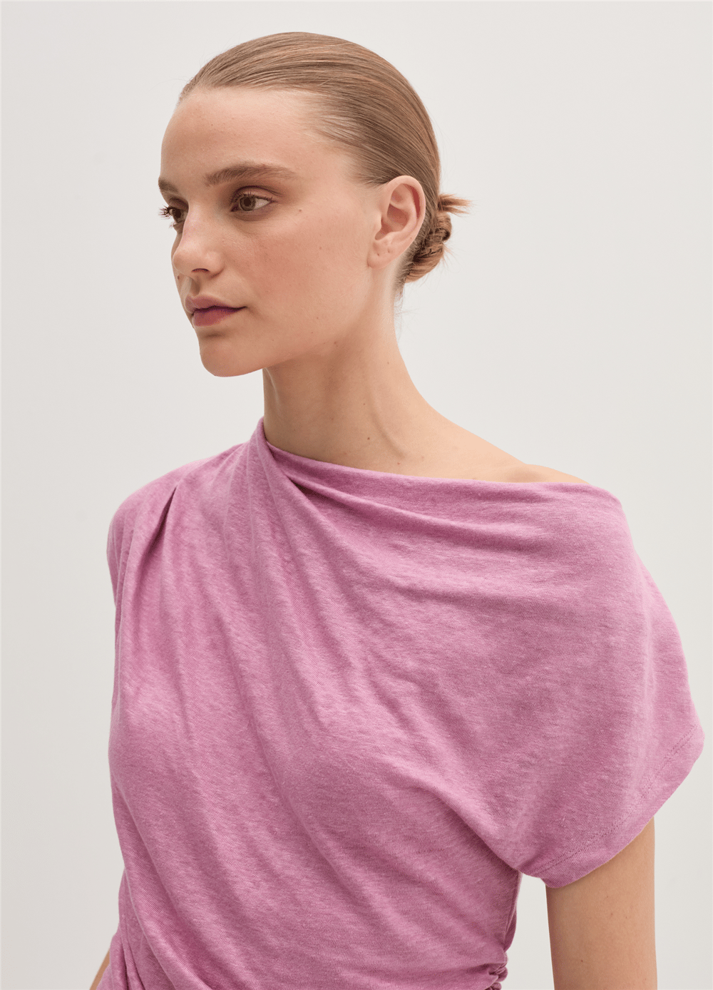 Kimono Kollu Ve Büzgülü Pembe Tişört
