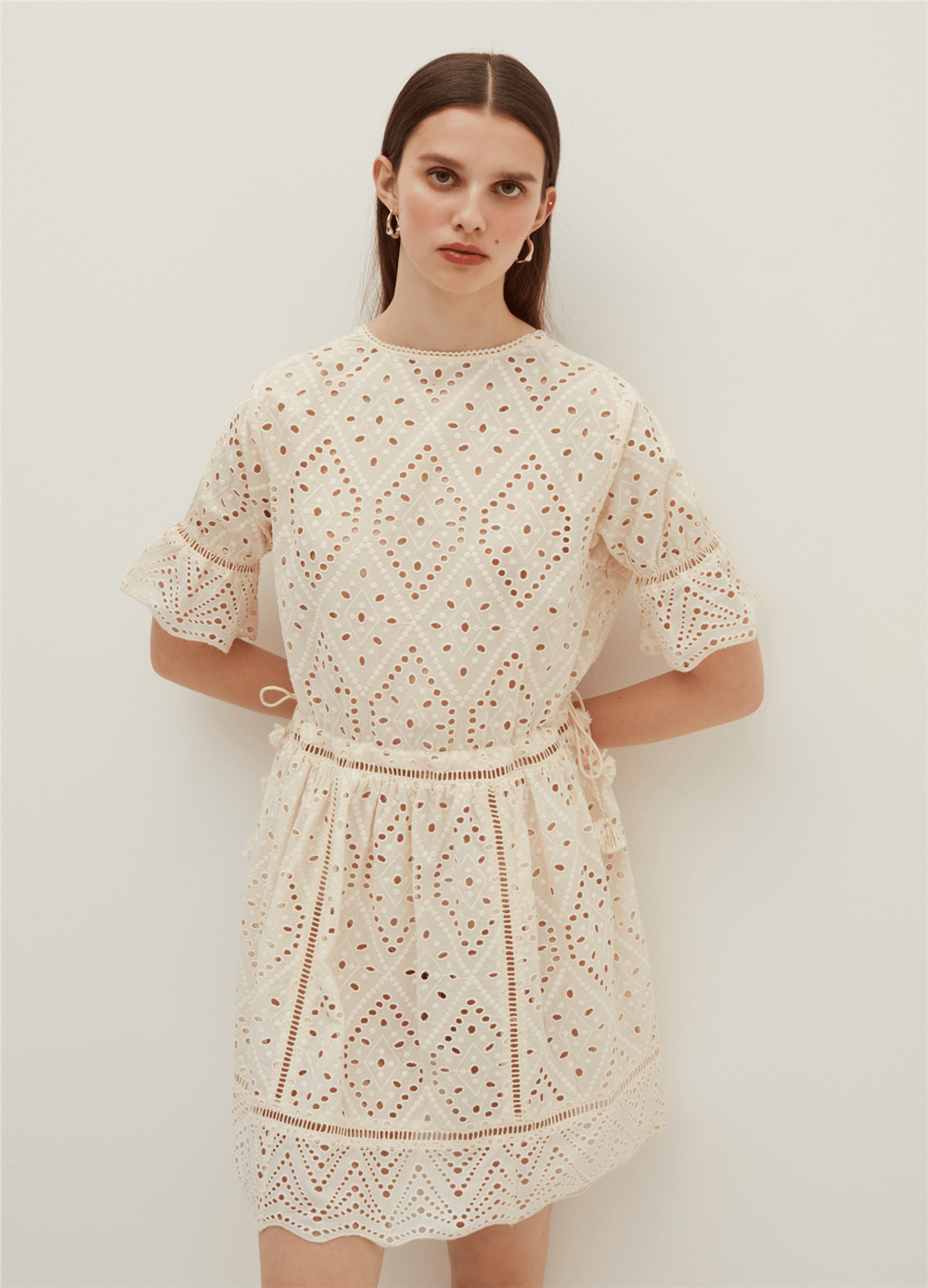 Kısa Broderie Anglaise Ekru Elbise