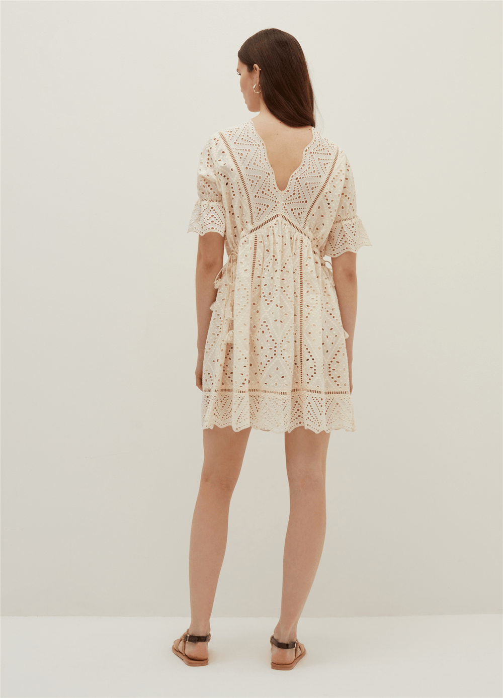 Kısa Broderie Anglaise Ekru Elbise