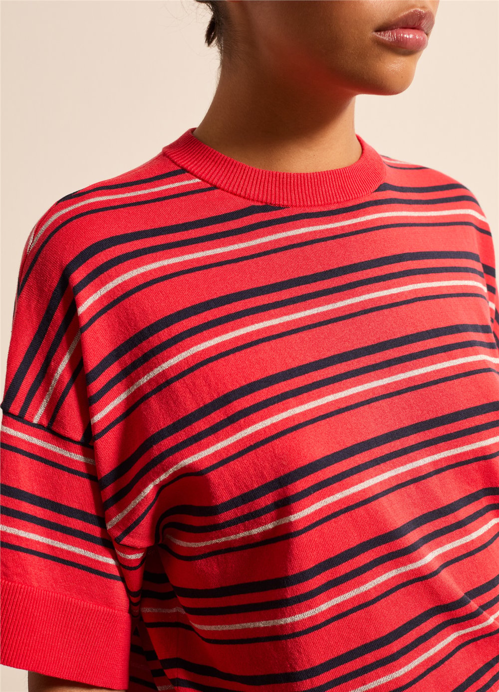 Lurex Detaylı Çizgili Crepe Kırmızı Tişört