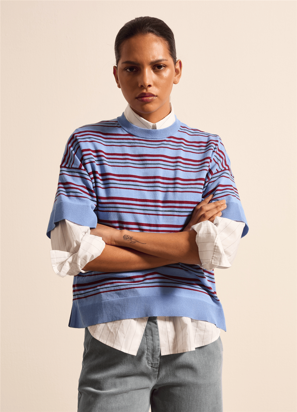 Lurex Detaylı Çizgili Crepe Mavi Tişört
