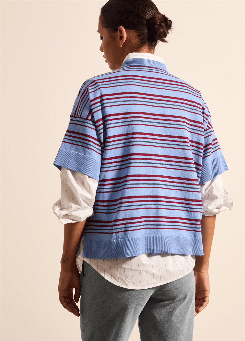 Lurex Detaylı Çizgili Crepe Mavi Tişört