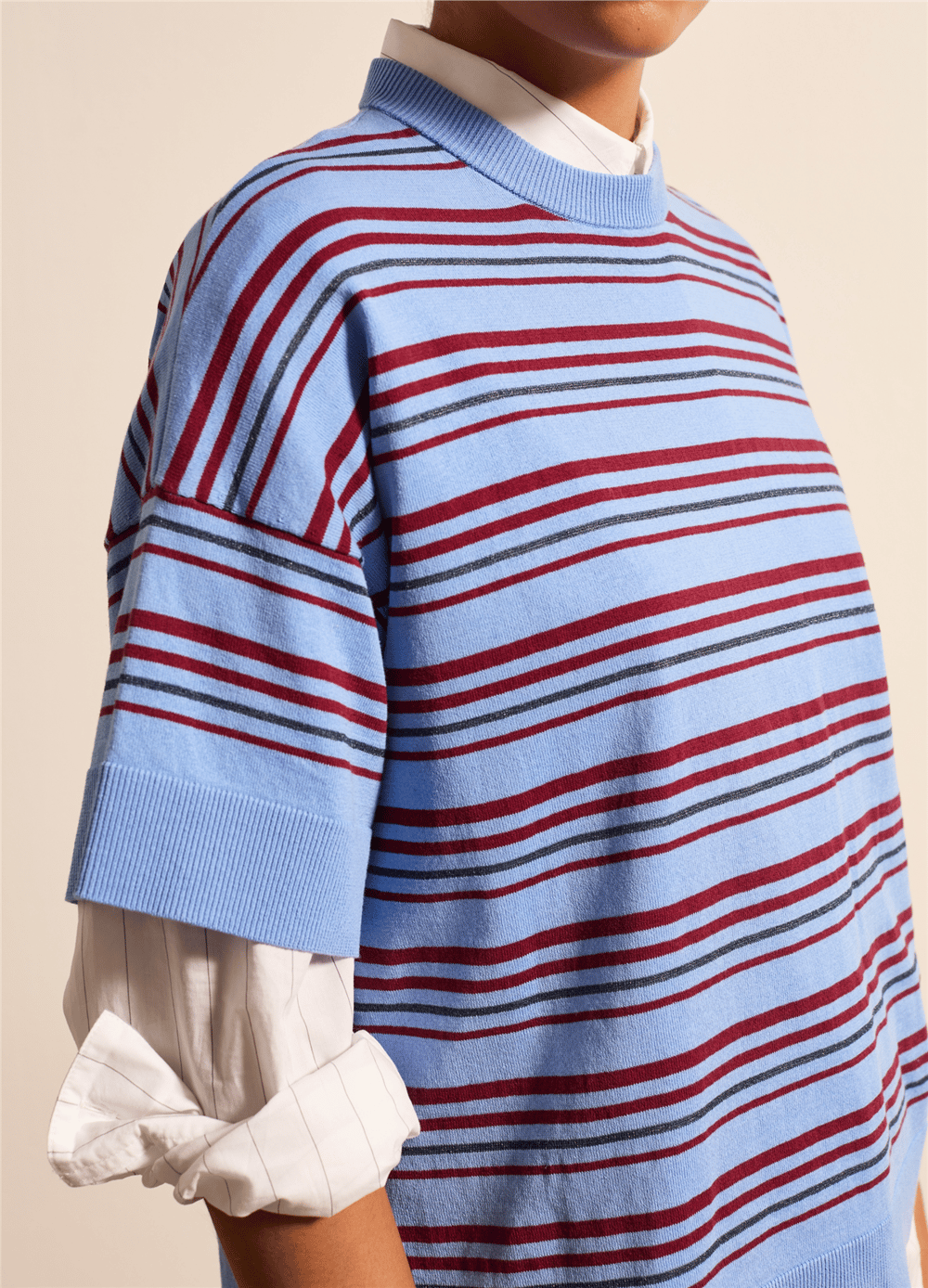 Lurex Detaylı Çizgili Crepe Mavi Tişört