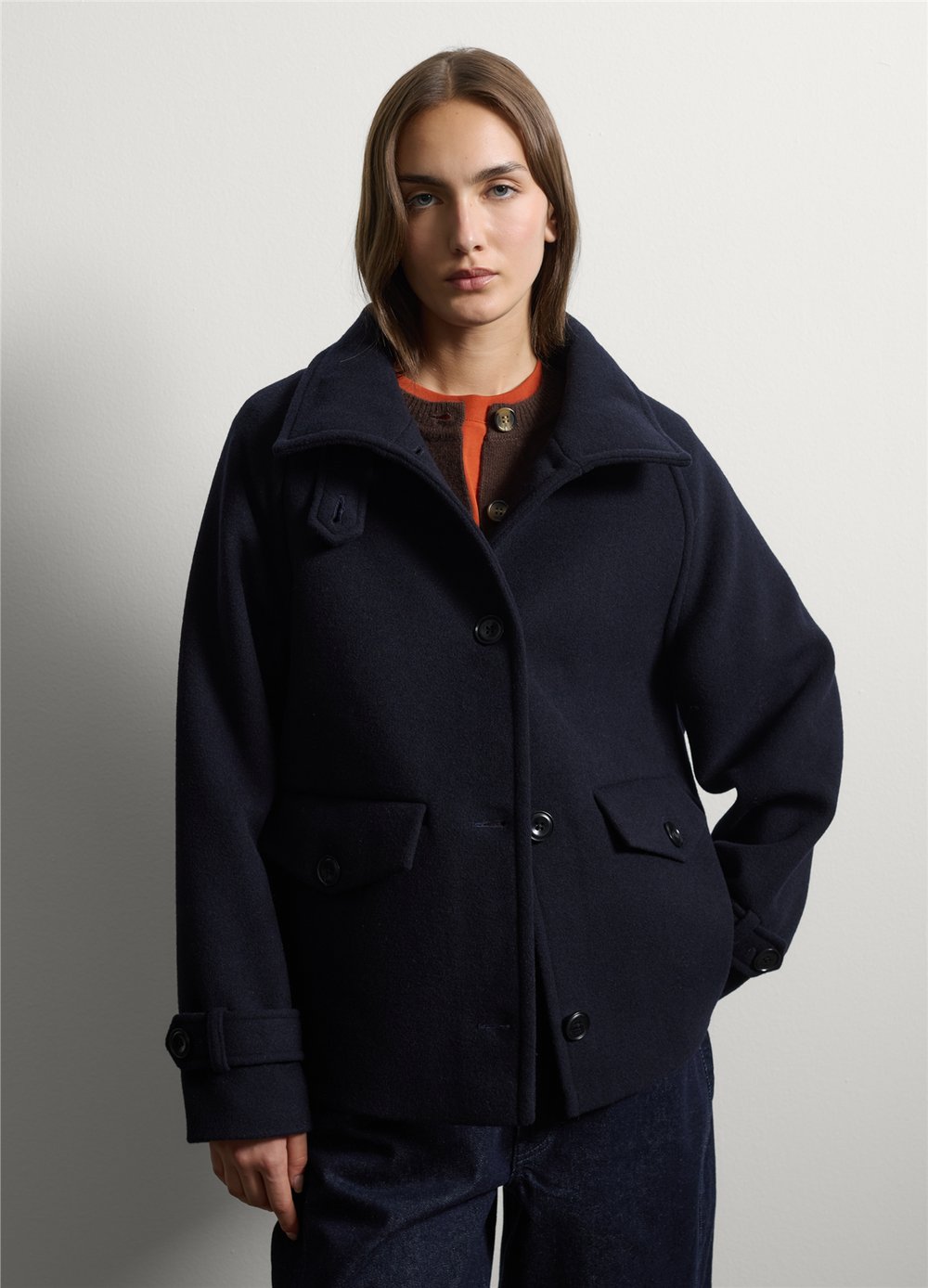 Mavi Dik Yakalı Oversize Fit Yün Karışımlı Ceket
