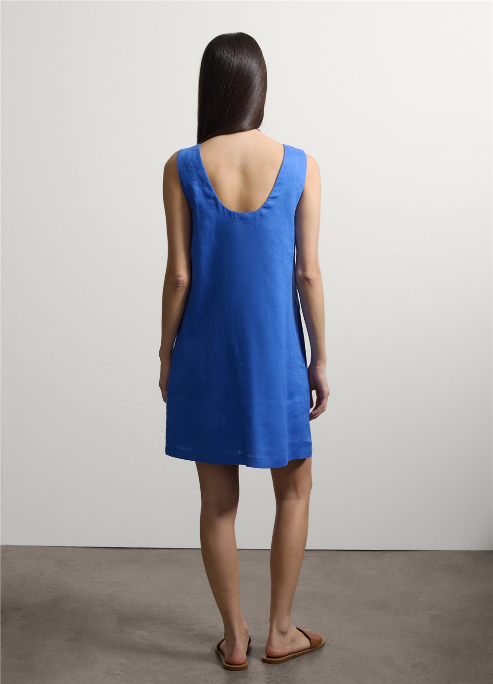 Mavi Kolsuz Keten Mini Elbise Regular Fit