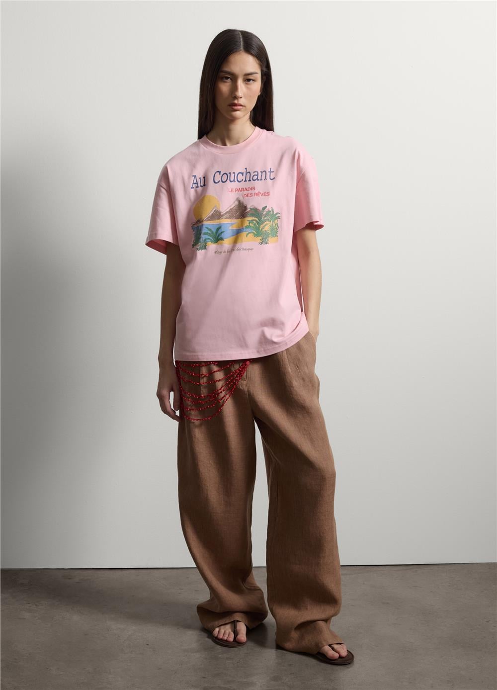 Pembe Baskılı Oversize Pamuk Tişört