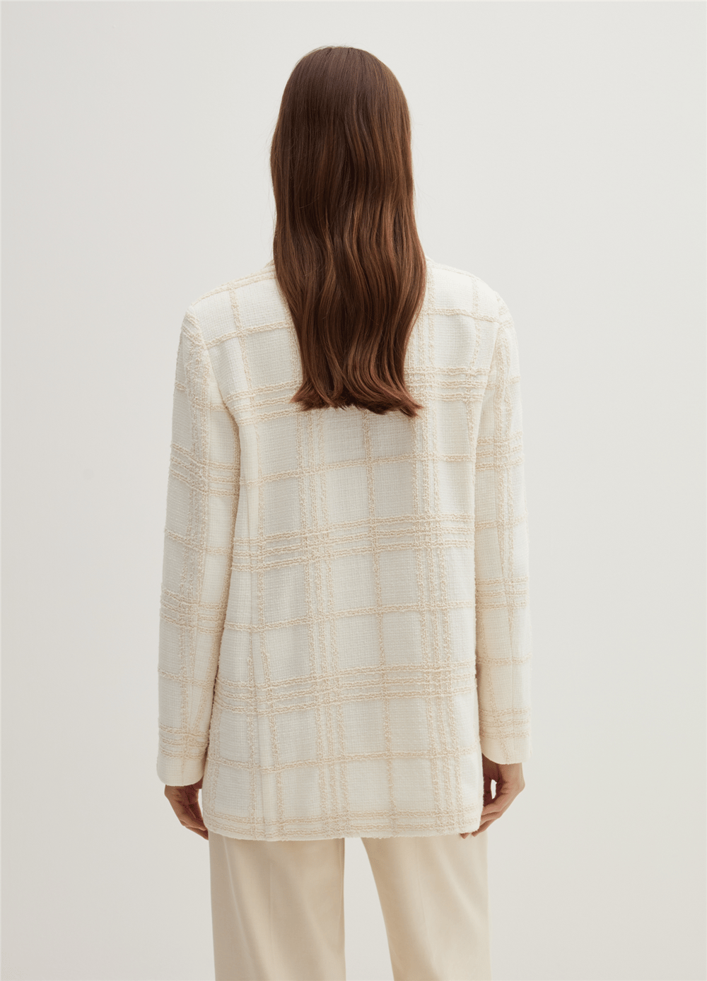 Pencere Kafesi Desenli Bukle Beyaz Blazer