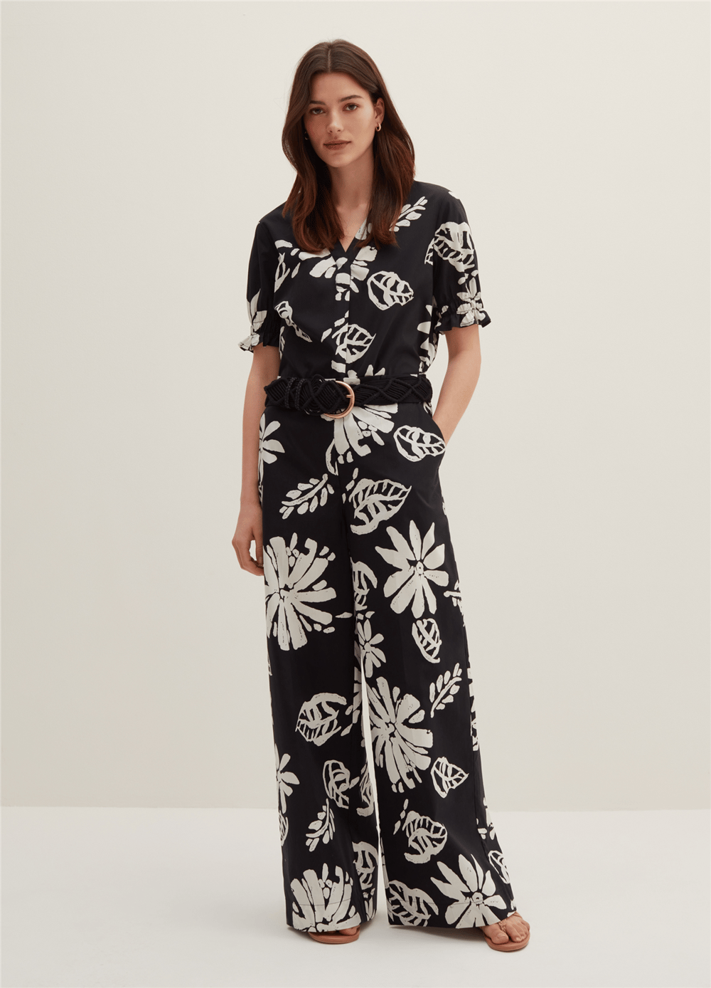 Poplin Bol Paçalı Siyah Desenli Pantolon
