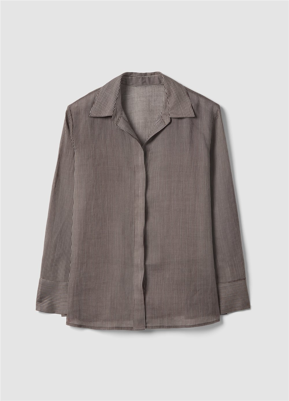Saf Rami Kumaş Uzun Kollu Kahverengi Çizgili Gömlek