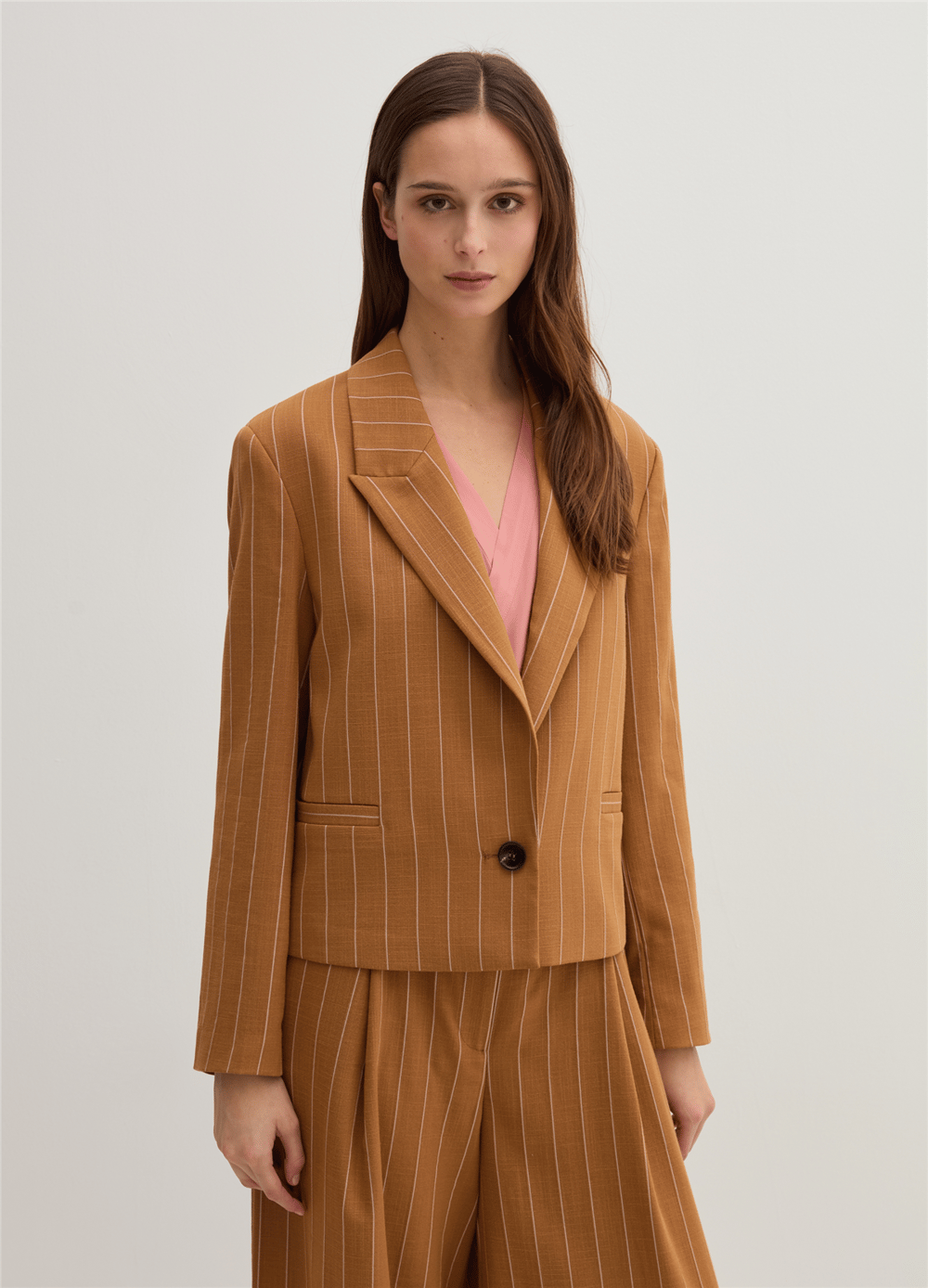 Tek Sıra Düğmeli Kısa Kesim İnce Çizgili Kahverengi Blazer