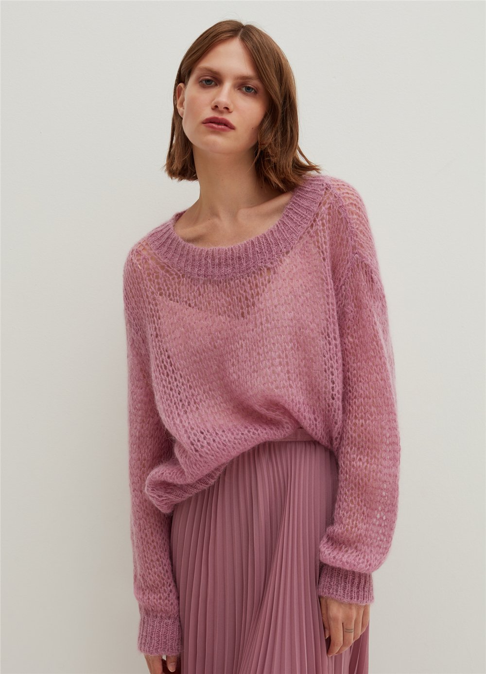 Tiftik Karışımlı Pembe Oversize Ajurlu Kazak