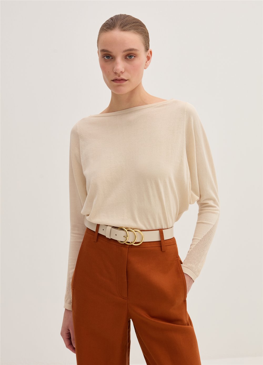 Tül Detaylı Crêpe Crop Bej Bluz