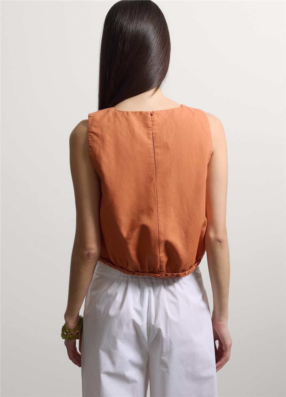 Turuncu Keten Pamuk Karışımlı Kolsuz Oversize Top