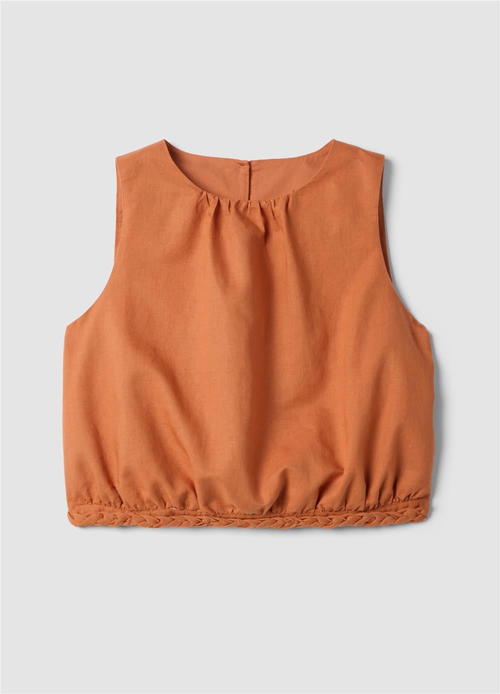 Turuncu Keten Pamuk Karışımlı Kolsuz Oversize Top