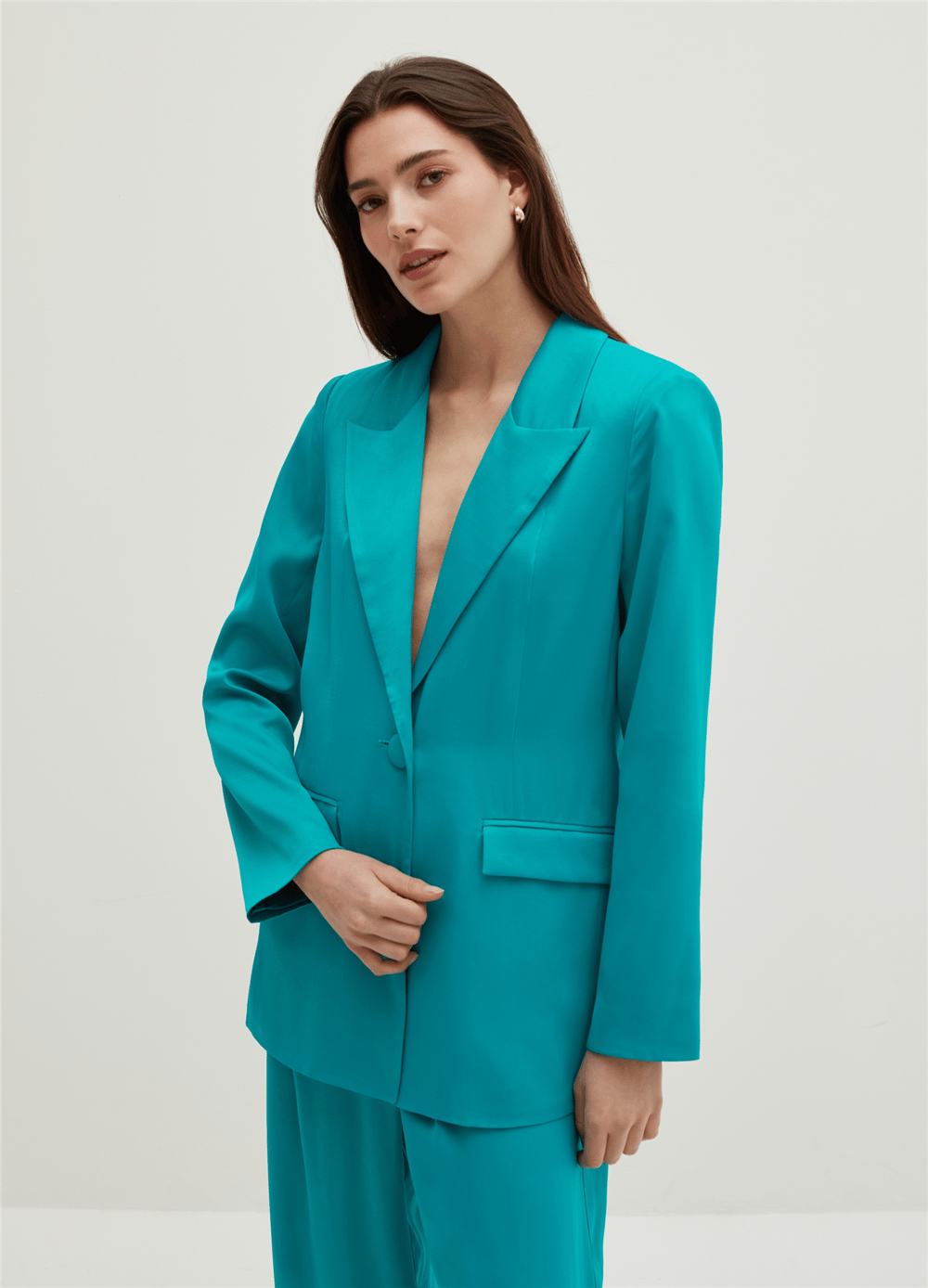 Viskoz Turkuaz Tek Düğmeli Blazer
