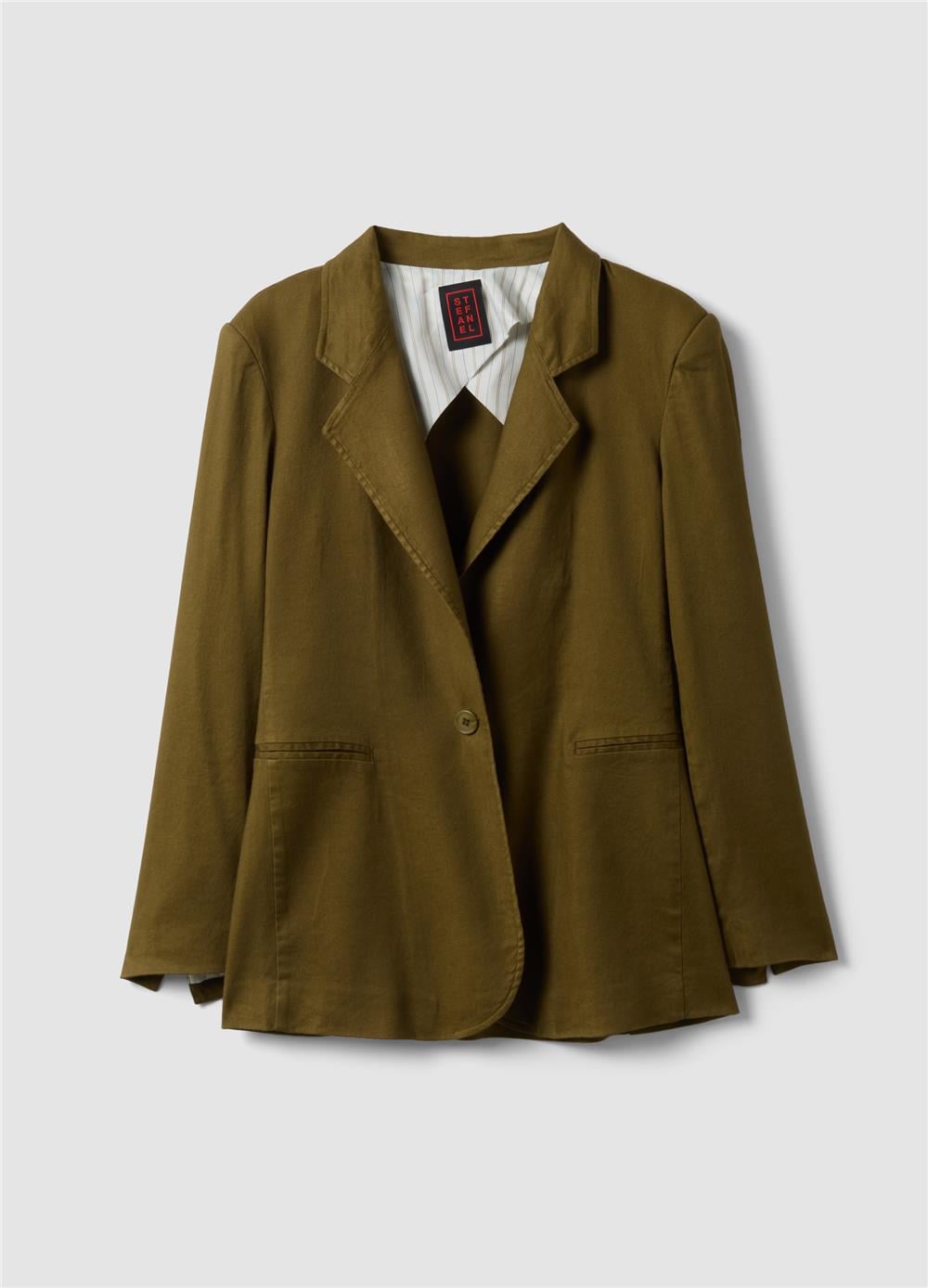 Yeşil Keten Karışımlı Regular Kalıp Blazer Ceket