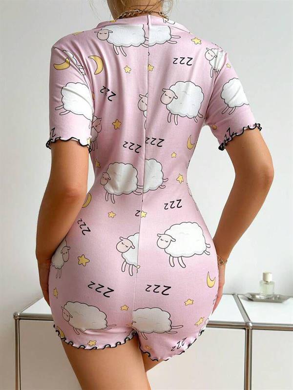 Pamuklu Pembe Kuzu Desenli Düğmeli Uzun Kol Tulum Pijama