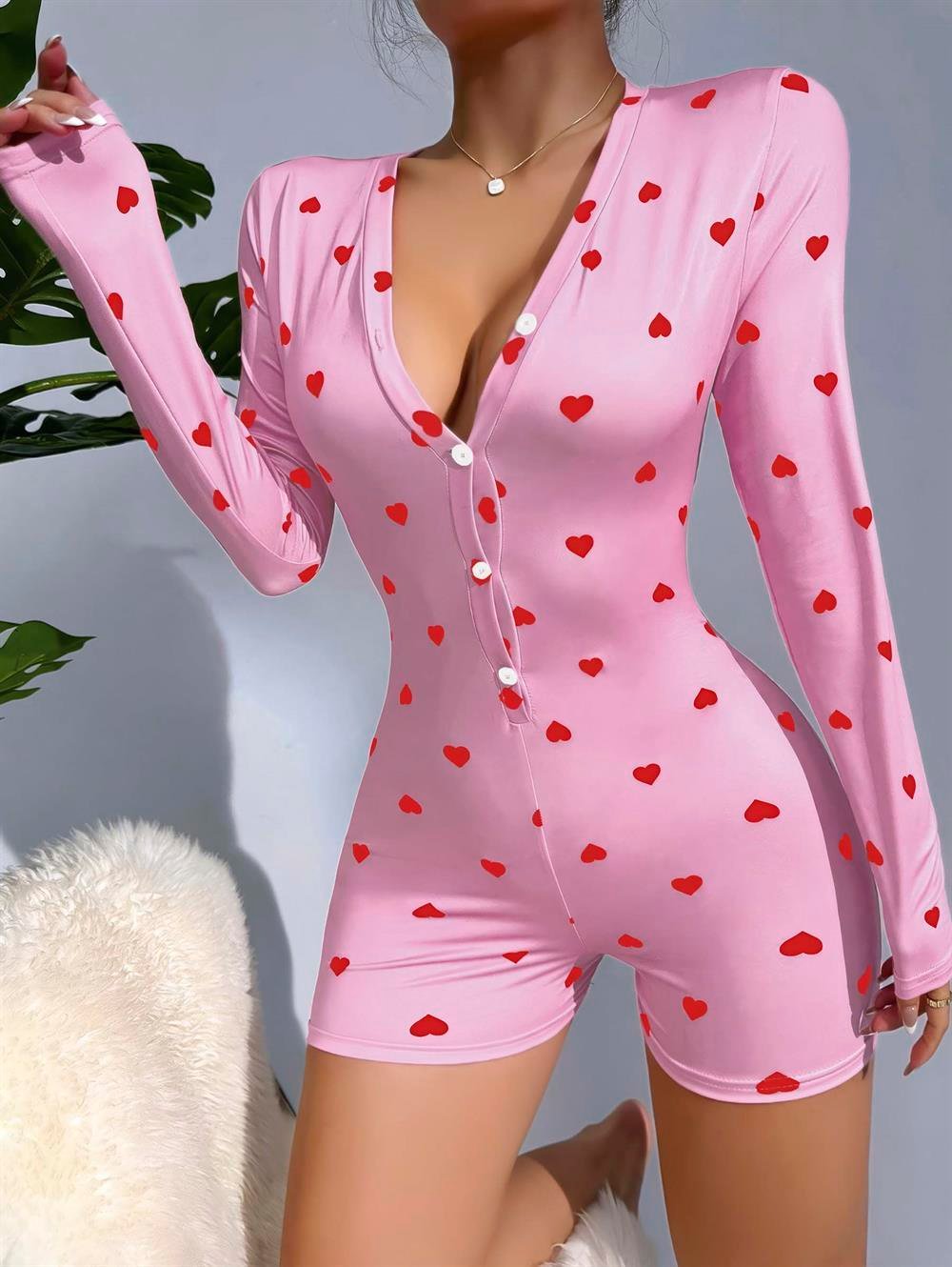 Kadın Pembe Kalp Desenli Pijama Tulumu