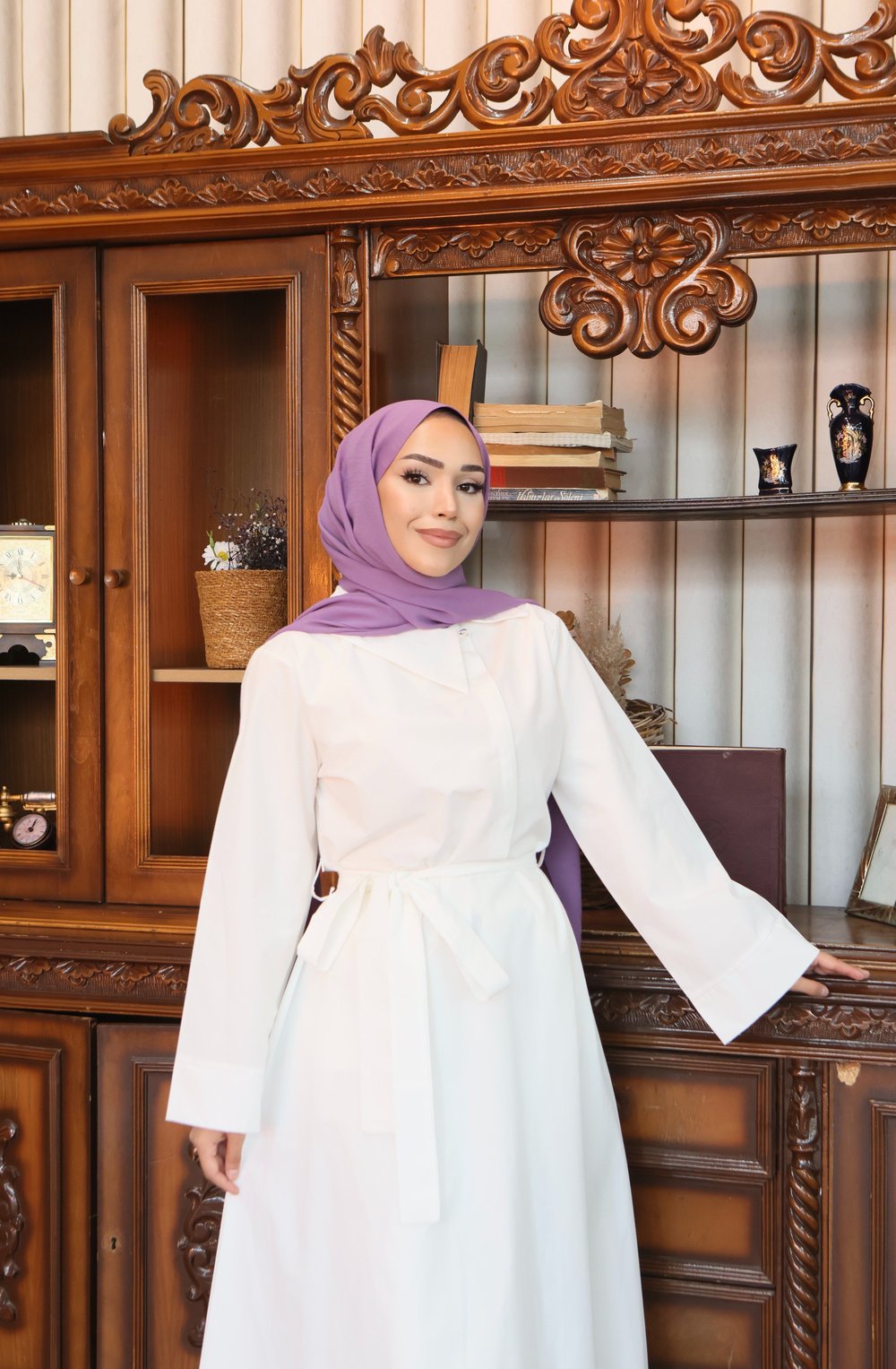 Bel Kuşaklı Poplin Beyaz elbise 