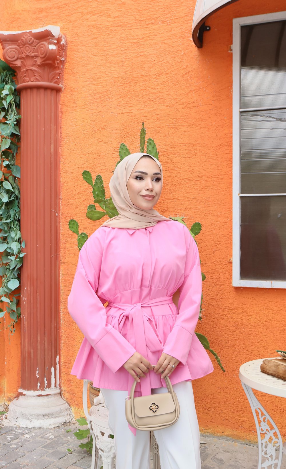 Kuşak Detaylı Salaş Gömlek Pembe