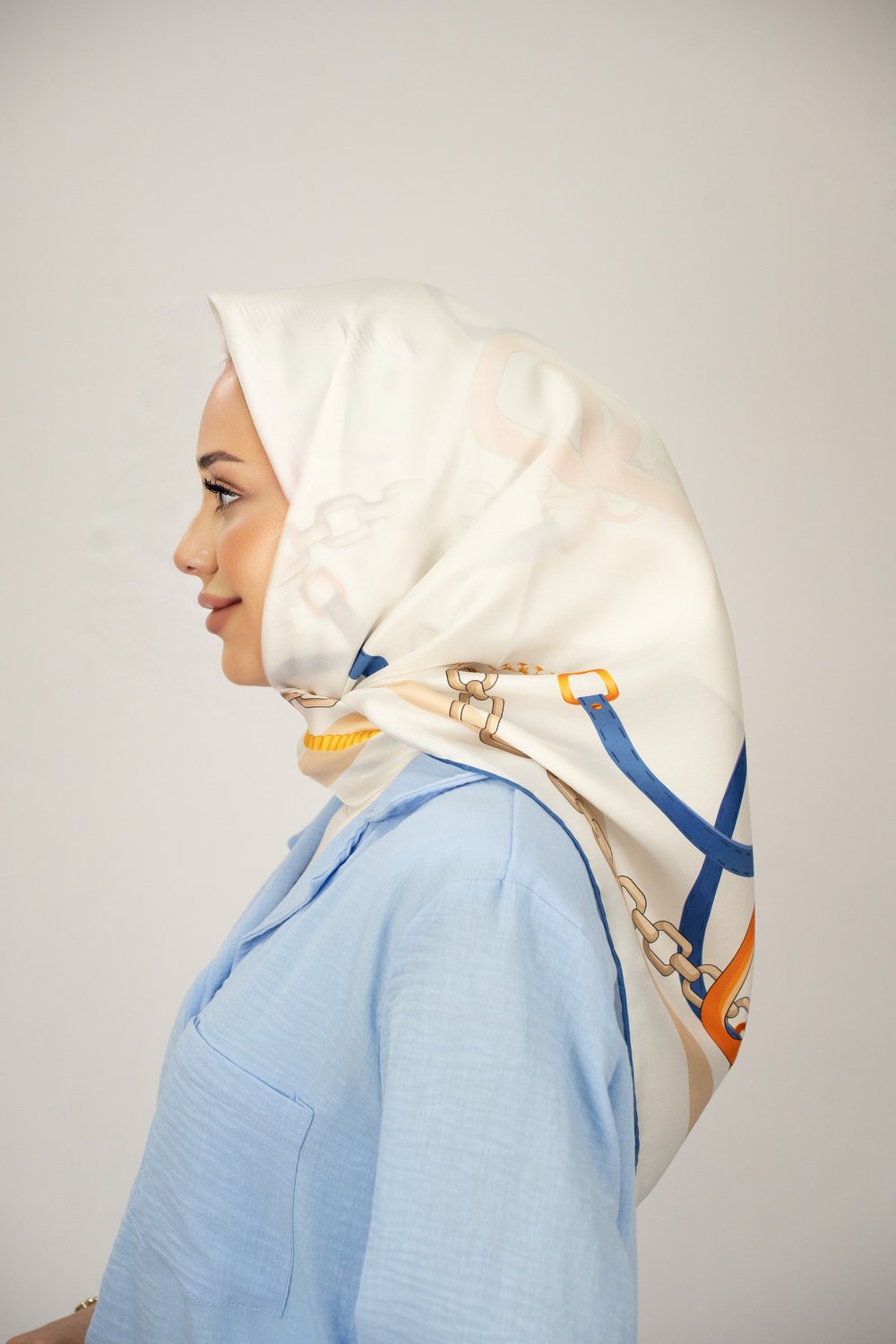 SOFİA MAVİ-TURUNCU TİVİL İPEK EŞARP 90x90