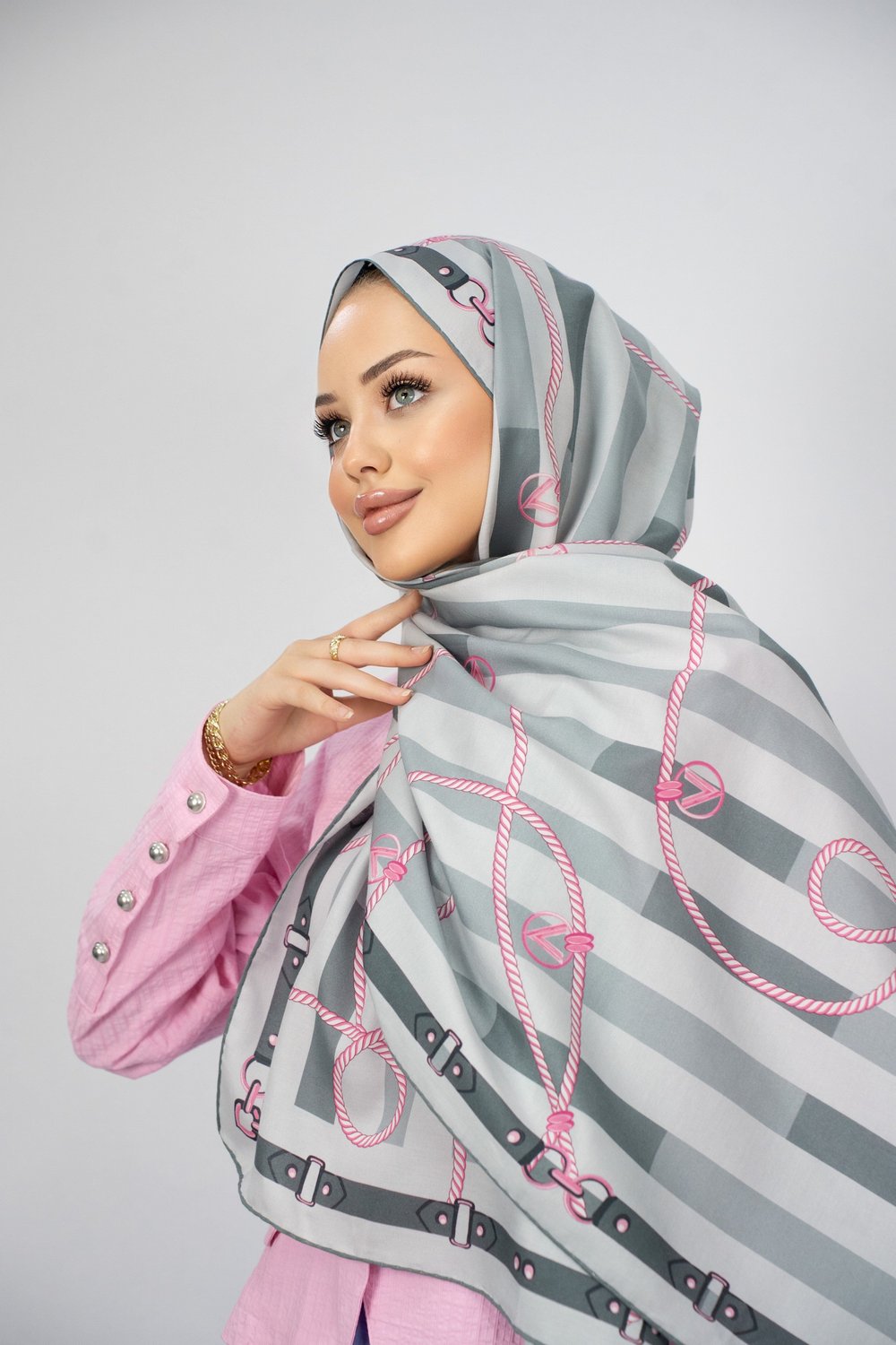VİOLA ŞAL GRİ-PEMBE PAMUK İPEK 70*200