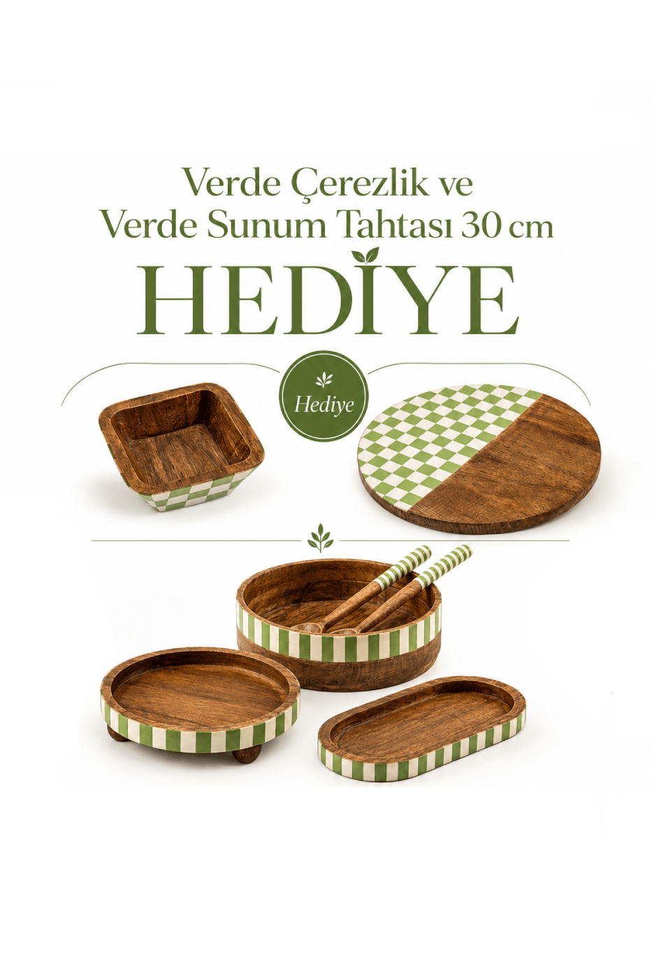 Verde Koleksiyonu (Linea Kaşıklı) + Verde Çerezlik ve Verde Sunum Tahtası 30 cm Hediye