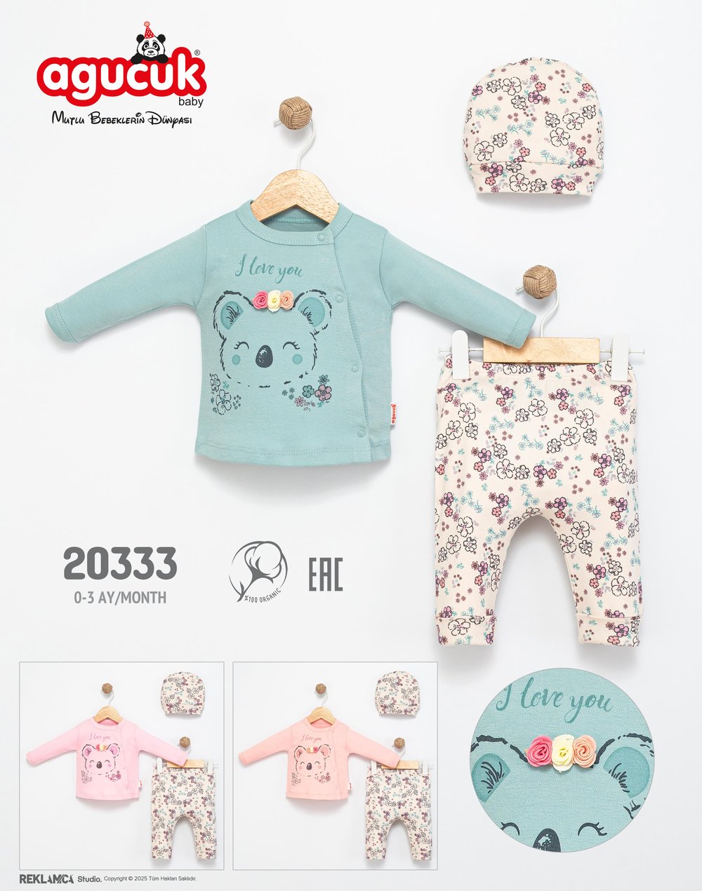 LOVE CICEKLI KOALA 3'LU ZIBIN TAKIMI