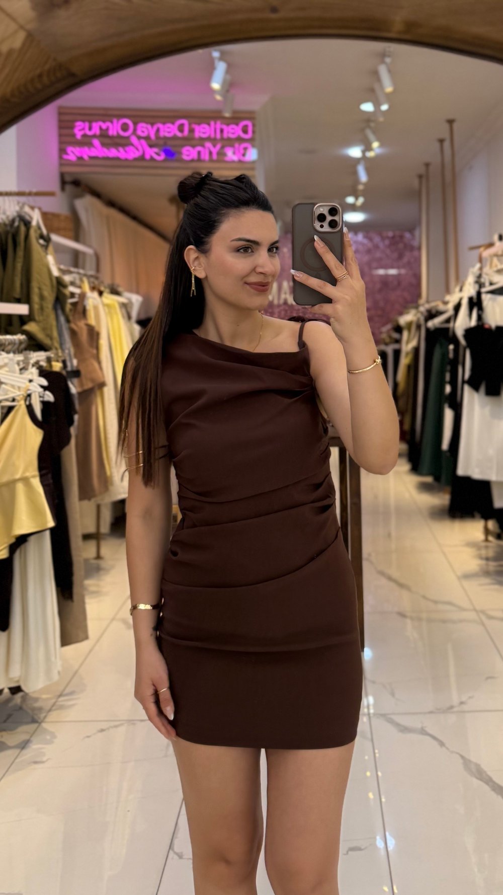 Drapeli Tek Omuz Mini Elbise
