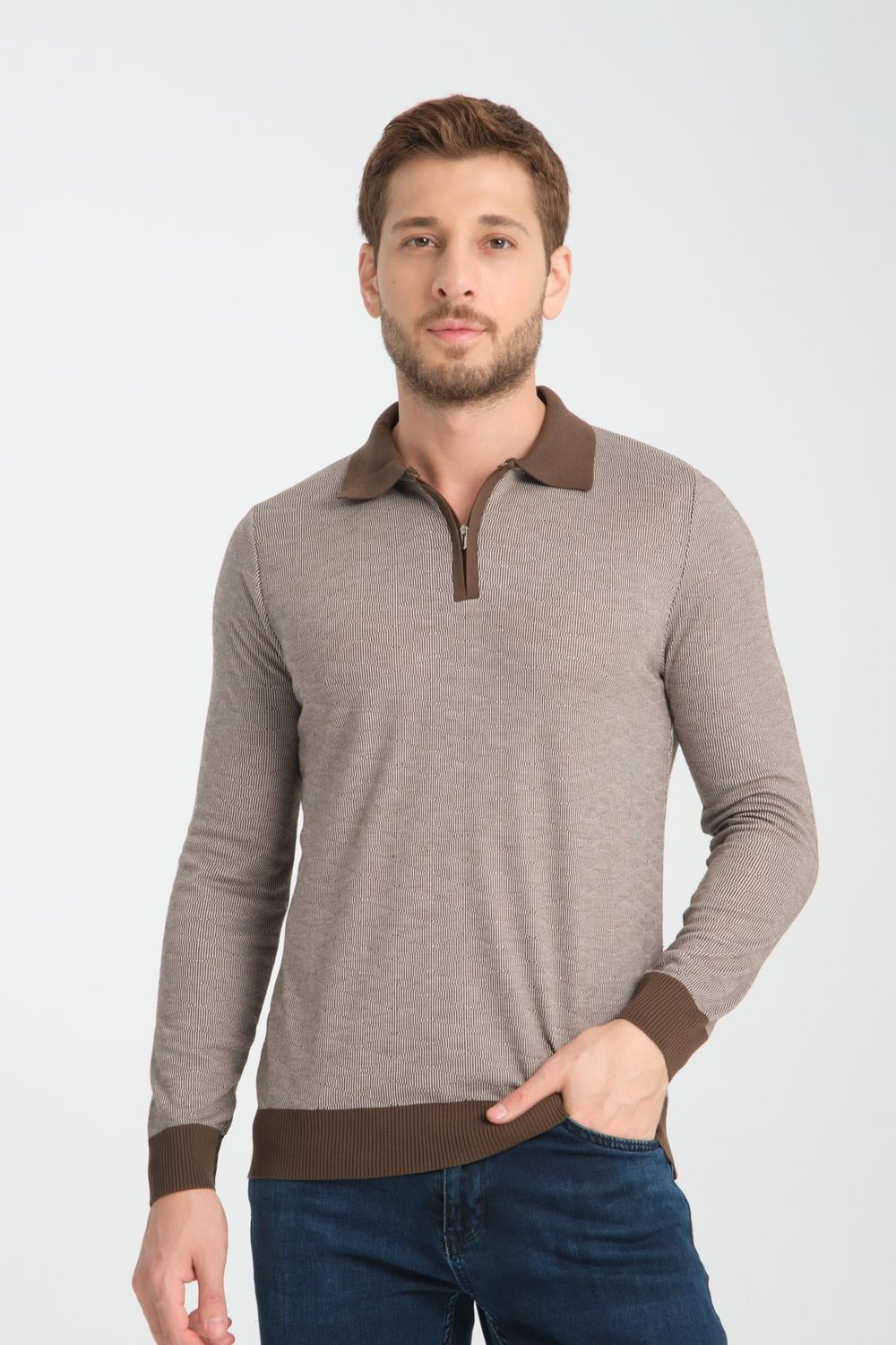 ASAU Erkek Dokulu Jakar Slim Fit Polo Yaka Fermuarlı Uzun Kollu Triko Kazak