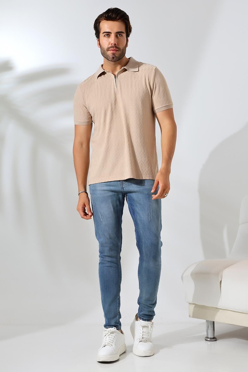 Bernal Erkek Vizon Yumuşak Dokulu Regular Fit Baklava Jakar Polo Yaka Fermuarlı T-shirt & Tişört