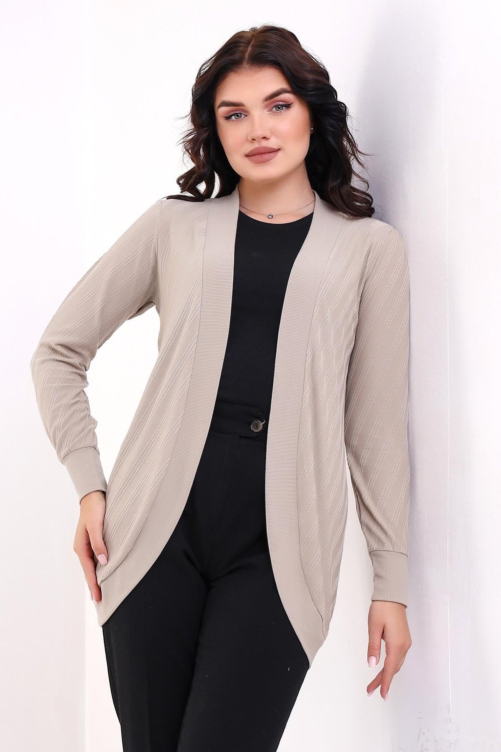 Bumpe Kadın Vizon Yumuşak Dokulu Penye Oval Etek Uzun Kol Örme Jakarlı Esnek Hırka & Kaftan