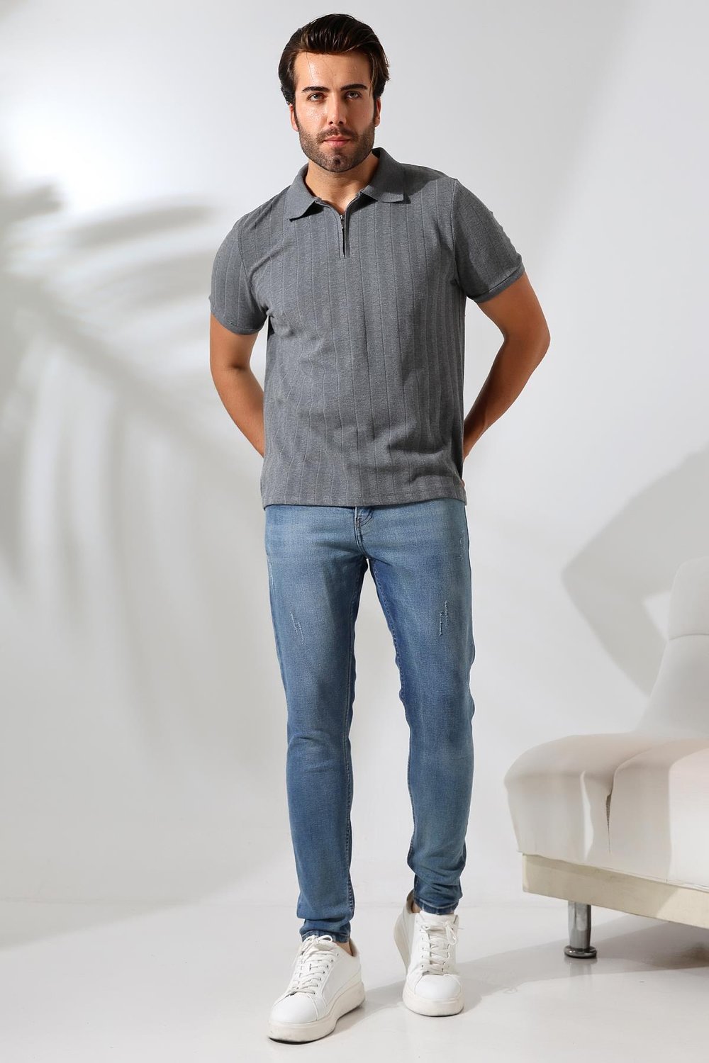 Grande Erkek Gri Yumuşak Dokulu Regular Fit Yol Jakar Polo Yaka Fermuarlı T-shirt & Tişört