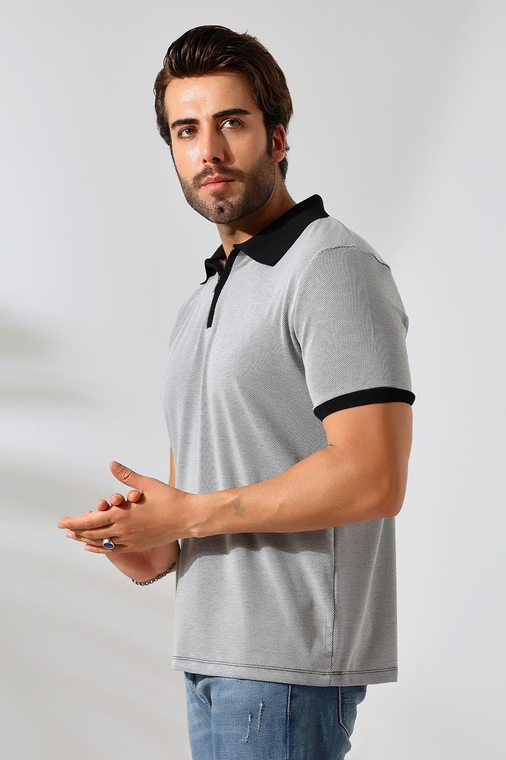 Juan Erkek Siyah Yumuşak Dokulu Regular Fit Pike Jakar Polo Yaka Fermuarlı T-shirt & Tişört