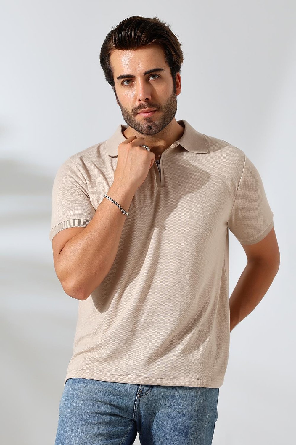 Juan Erkek Vizon Yumuşak Dokulu Regular Fit Pike Jakar Polo Yaka Fermuarlı T-shirt & Tişört