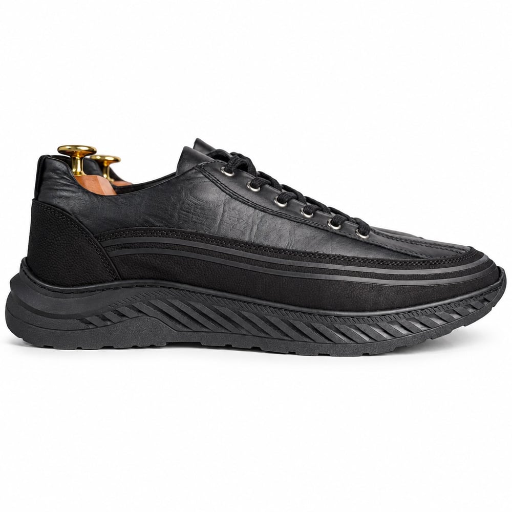 SİYAH DERİ DESENLİ ŞERİTLİ ERKEK CASUAL AYAKKABI M7020