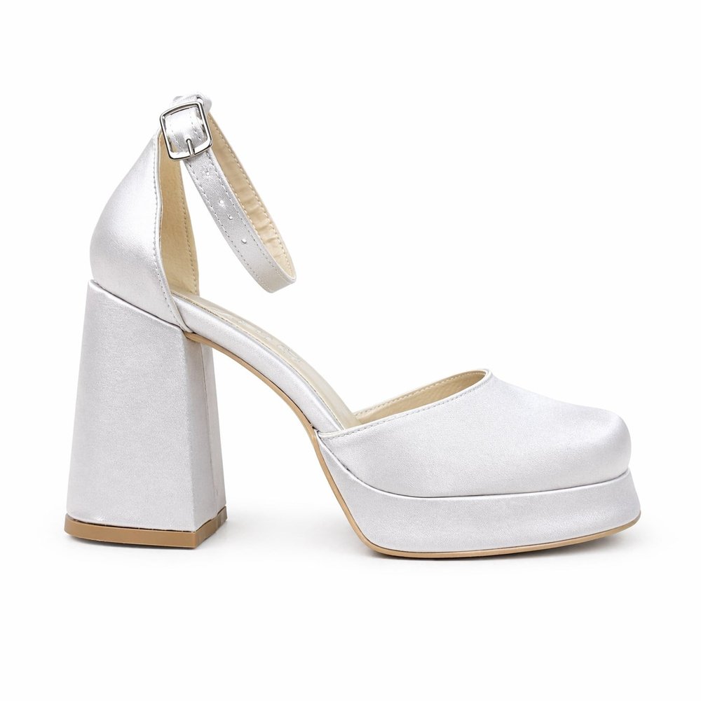 GÜMÜŞ SATEN BİLEKTEN BAĞLI MARY JANE MODEL PLATFORM AYAKKABI M2082