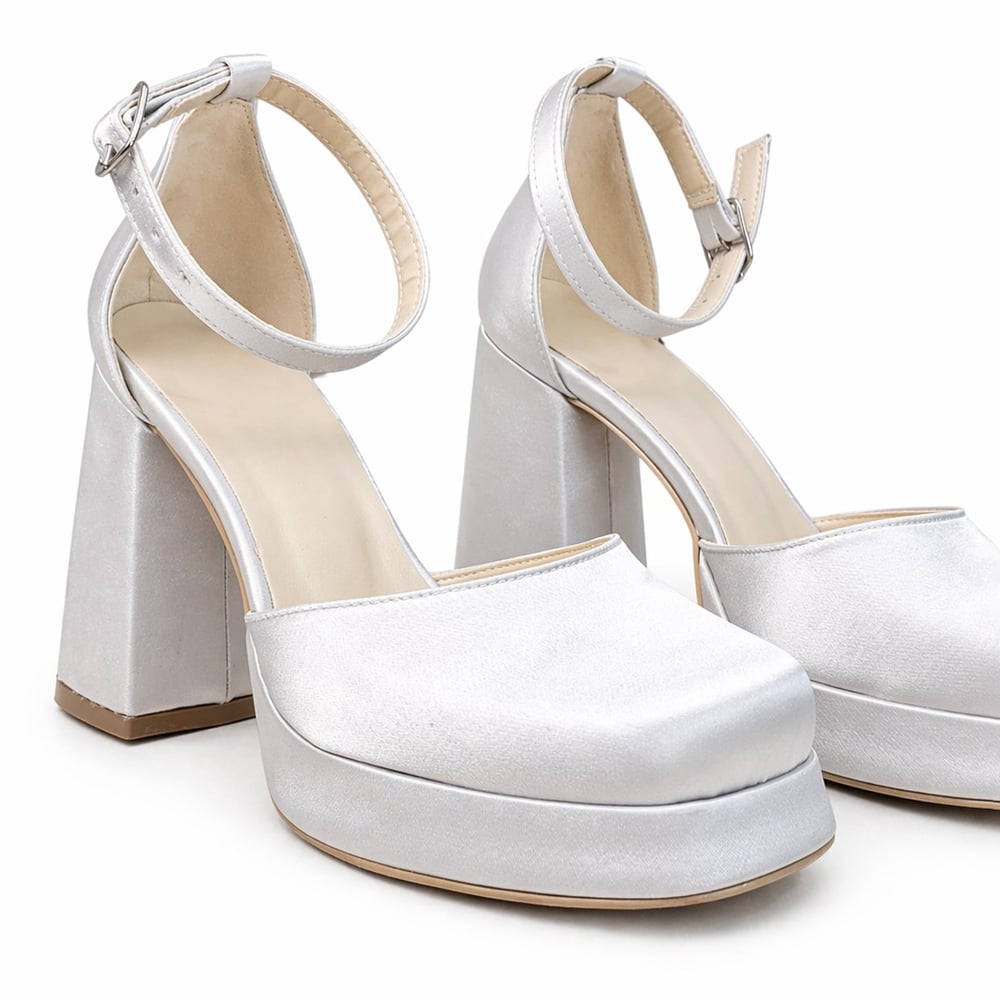 GÜMÜŞ SATEN BİLEKTEN BAĞLI MARY JANE MODEL PLATFORM AYAKKABI M2082