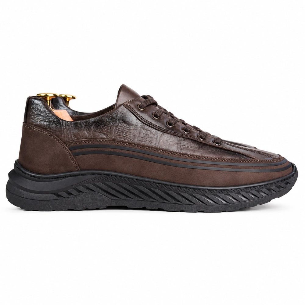 KAHVERENGİ DERİ DESENLİ ŞERİTLİ ERKEK CASUAL AYAKKABI M7019
