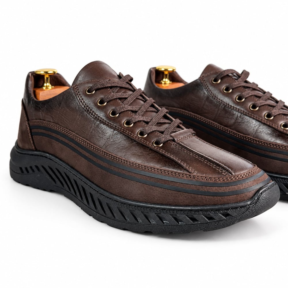 KAHVERENGİ DERİ DESENLİ ŞERİTLİ ERKEK CASUAL AYAKKABI M7019