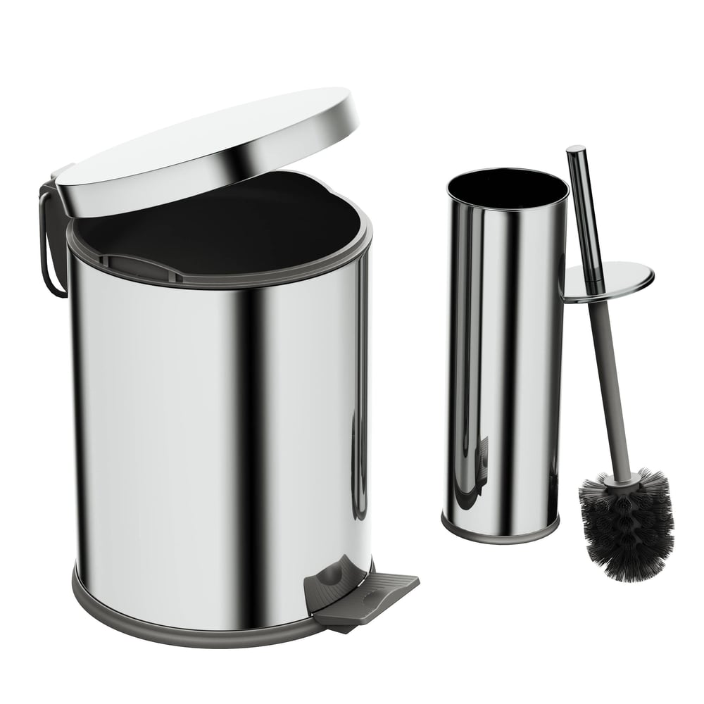 Aqua Bagno Basic Set - Klozet Fırçası + Çöp Kovası 5 L, 2 Parça, Parlak Krom Paslanmaz | 35.99.89.02.01