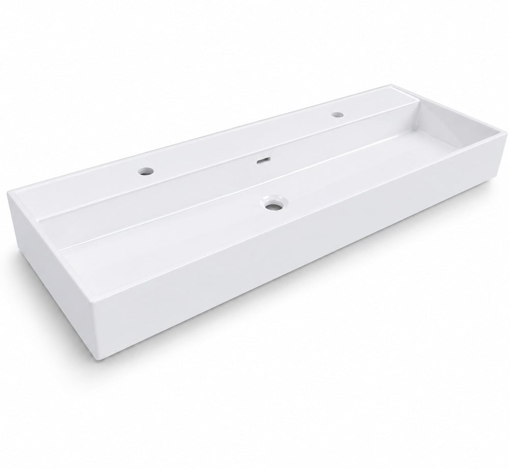 Dura Niva Kare Çanak Lavabo 120x46,5 cm Tezgah Üstü, Çift Batarya Delikli Beyaz | 5260