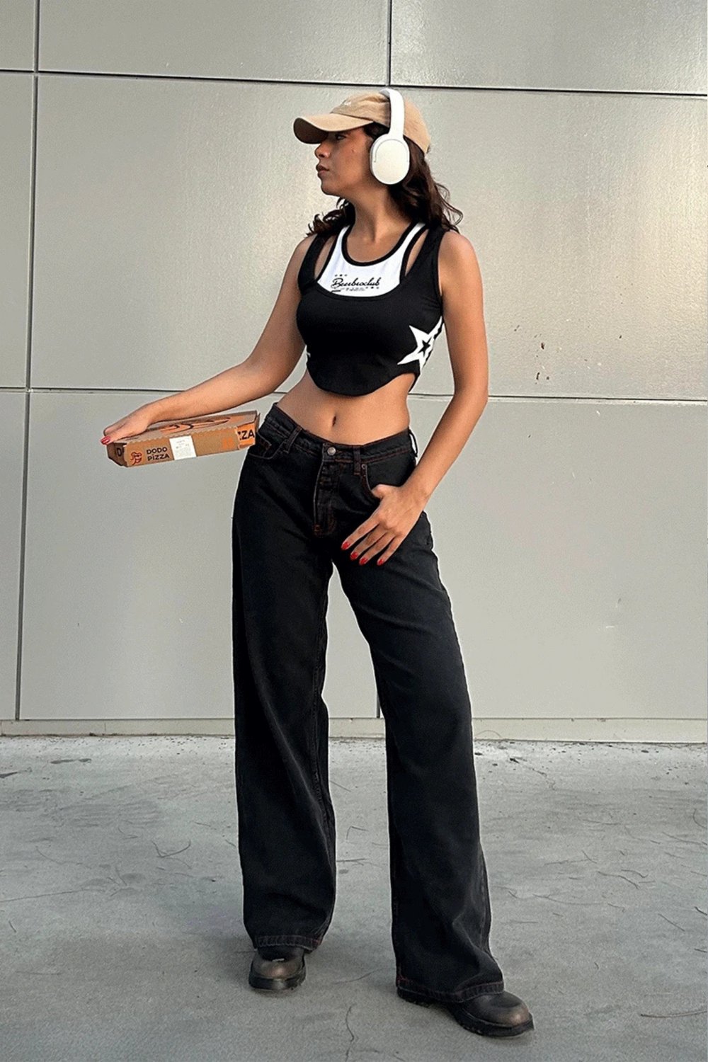 Siyah Double Fire Skull Kırmızı Dikişli Harajuku Baggy Pantolon