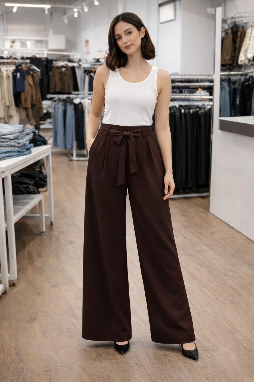 Yüksek Bel Kuşaklı Wide Leg Pantolonu