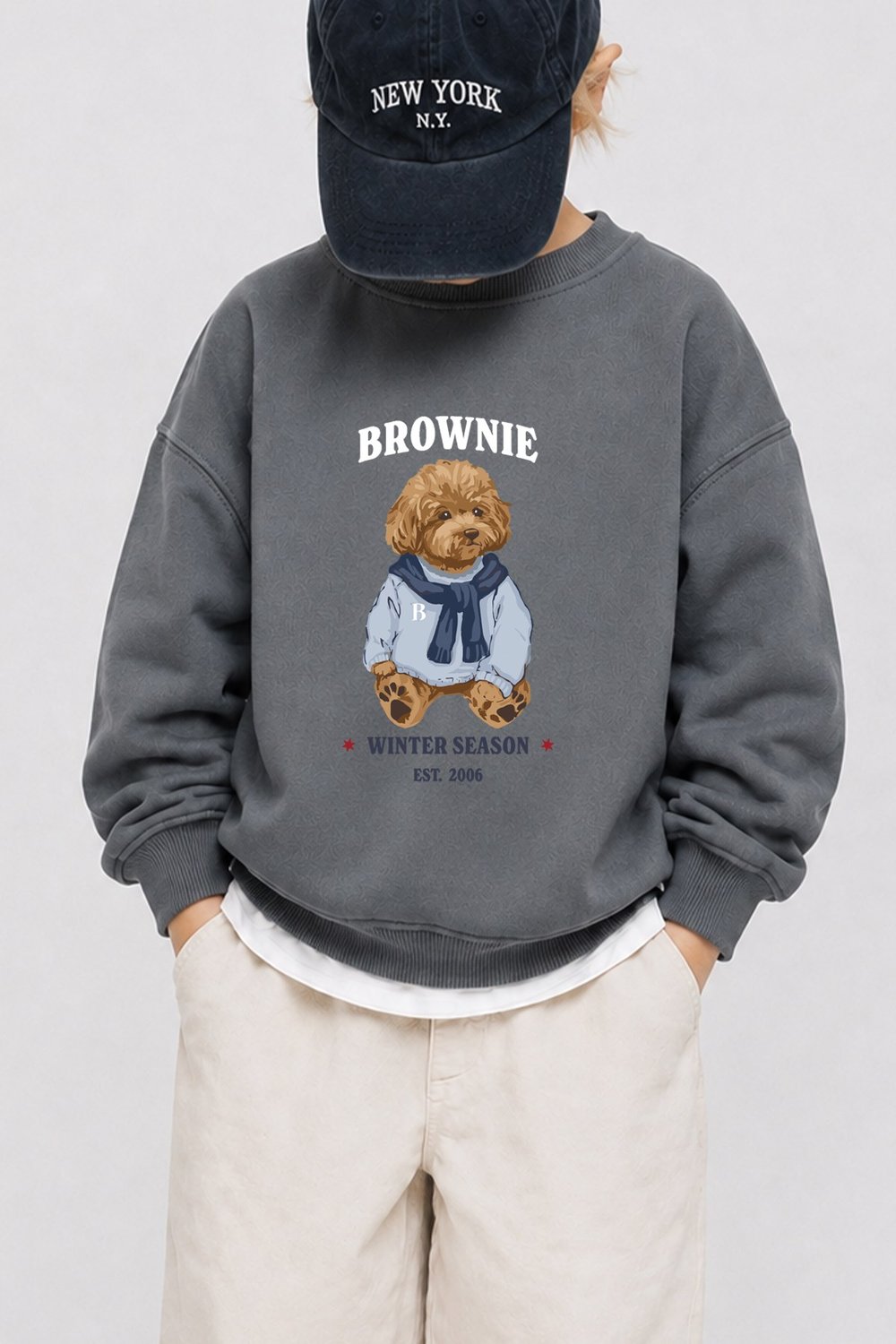 Erkek Çocuk 3 İplik Kumaş Ayıcık Baskılı Pamuklu Sweatshirt