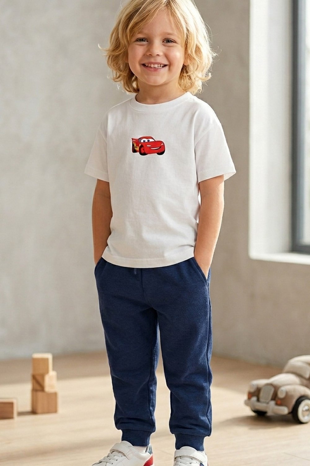 Erkek Çocuk Ekru Pamuklu Araba Baskılı T-Shirt ve Lacivert Eşofman 2'li Takım